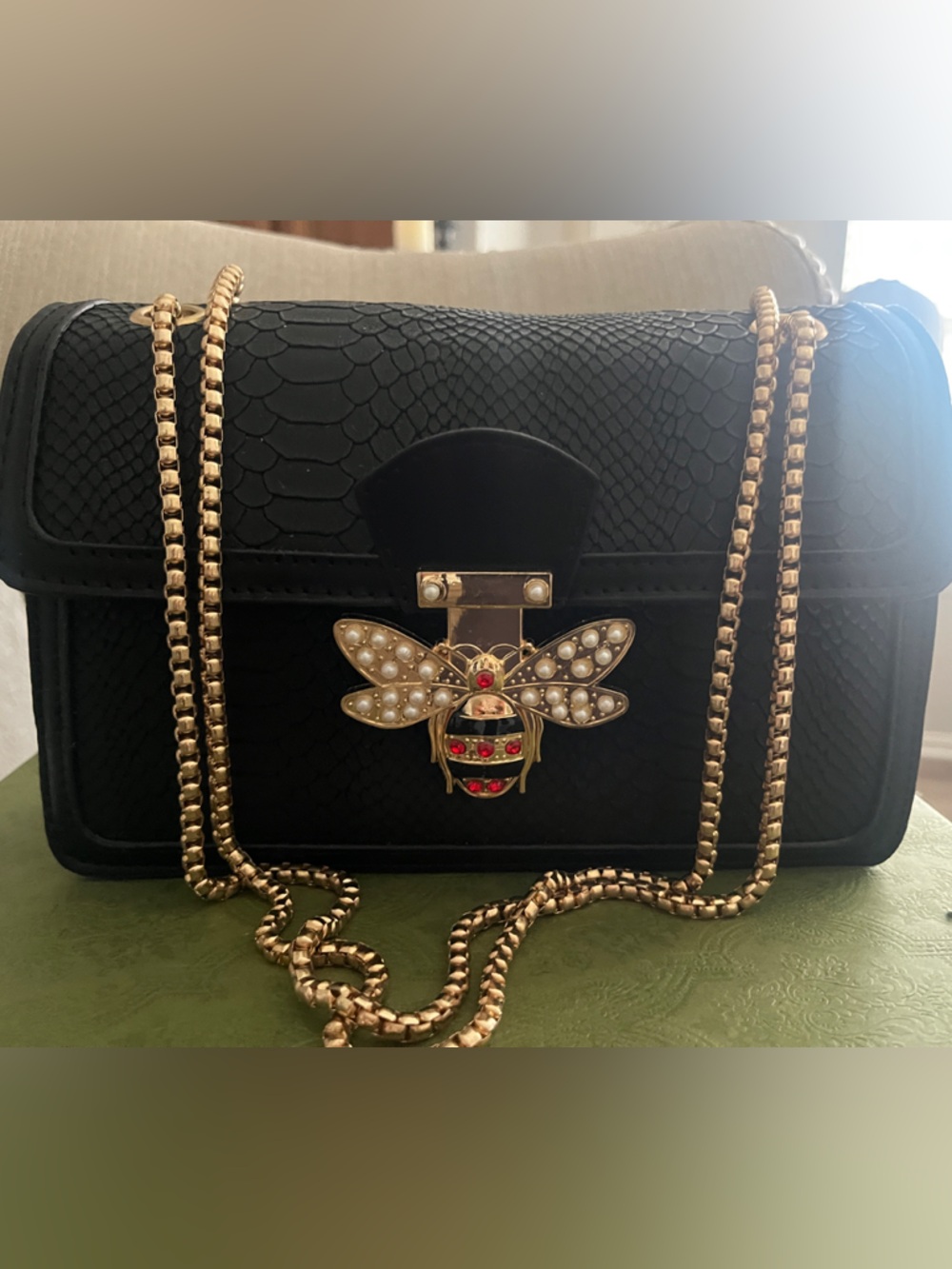 Black Textured Bee-Embellished Crossbody Bag